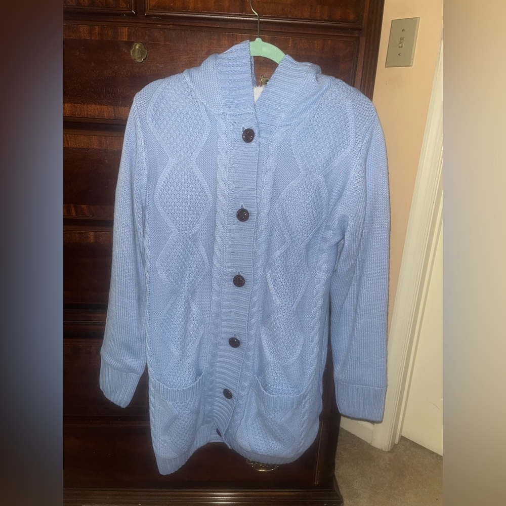 Women’s Large Light Blue Cotton & Yarn Cardigan w| Hood